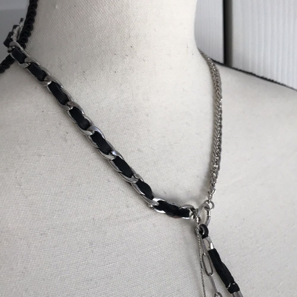 Free People Silver Tone and Black Leather Striped Necklace